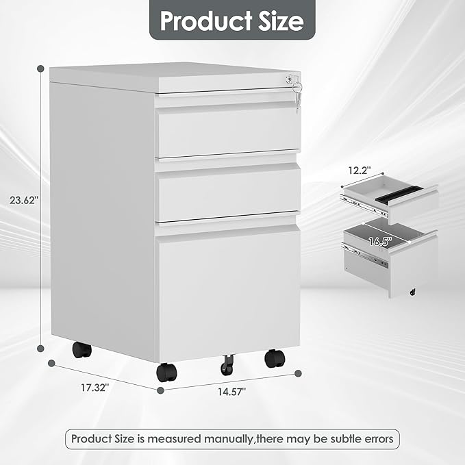 SUXXAN 3 Drawer Mobile File Cabinet with Lock, Under Desk Metal Filing Cabinet for Office,Home,A4/Legal/Letter Size, Fully Assembled (White)