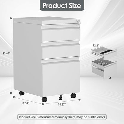 SUXXAN 3 Drawer Mobile File Cabinet with Lock, Under Desk Metal Filing Cabinet for Office,Home,A4/Legal/Letter Size, Fully Assembled (White)