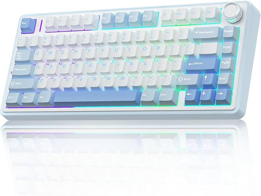 AULA F75 75% Wireless Mechanical Keyboard, Hot Swappable Creamy Keyboard, Pre-lubed Greywood Switches RGB Backlit Gaming Keyboards, 2.4GHz/Type-C/BT5.0(Salt White Blue)