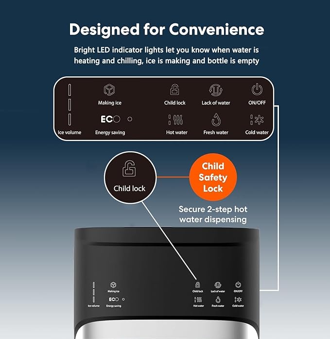 Self-Cleaning Hot and Cold Water Cooler Dispenser with Ice Maker Bottom Loading for 3 or 5 Gallon Bottle 22lbs Daily Capacity LED Display with Empty Bottle Alert Black