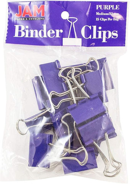 JAM PAPER Colorful Binder Clips - Medium - 1 1/4 Inch (32 mm) - Purple Binderclips - 15/Pack