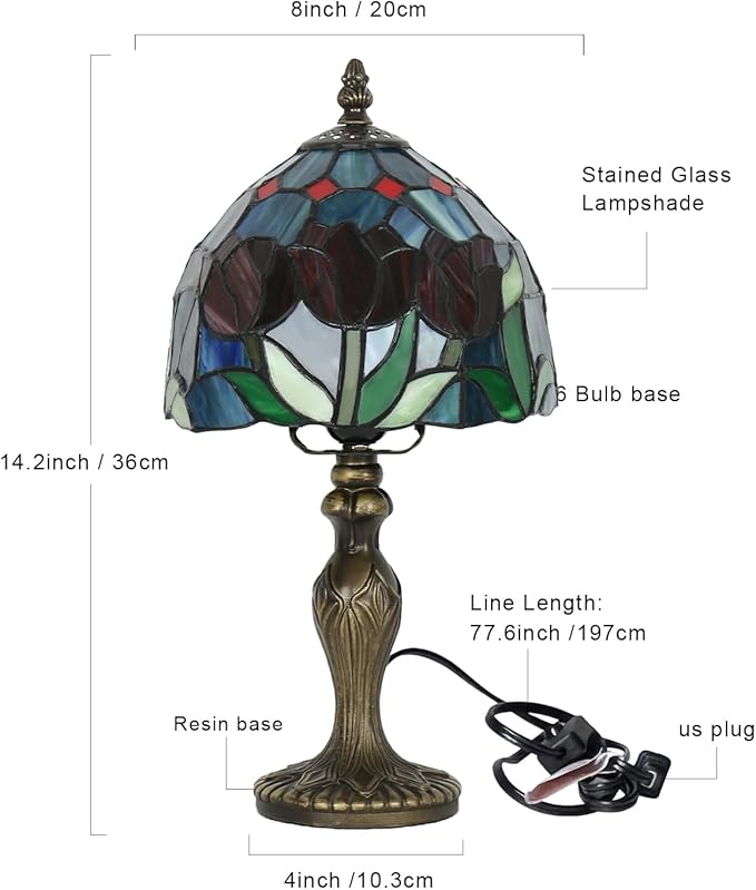Stained Glass Lamp，Tulip Style Table Lamp，8 Inch Small Antique Lamp, for Bedside Nightstand Bedroom Living Room Home Office