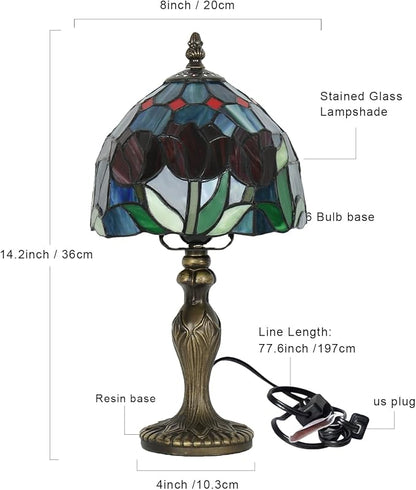 Stained Glass Lamp，Tulip Style Table Lamp，8 Inch Small Antique Lamp, for Bedside Nightstand Bedroom Living Room Home Office