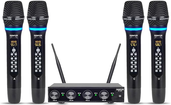 Pro Rechargeable Wireless Microphone System 4 Channel, UHF Metal Handheld Wireless Microphones Cordless Mics with Echo Treble BASS VOL Channel Control for Karaoke Singing Church(GT-200)