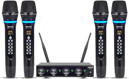 Pro Rechargeable Wireless Microphone System 4 Channel, UHF Metal Handheld Wireless Microphones Cordless Mics with Echo Treble BASS VOL Channel Control for Karaoke Singing Church(GT-200)