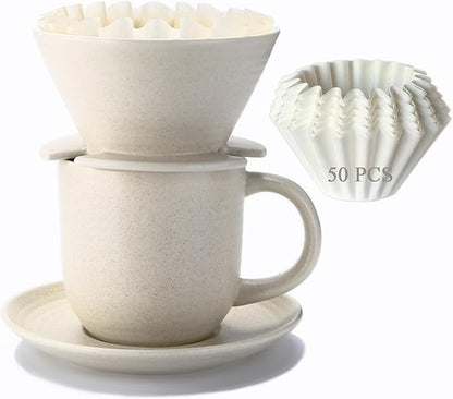 Pour Over Coffee Maker, with 50 PCS Basket Coffee Filters, 310 ml/10 oz Mug with Saucer & Coffee Dripper, Ceramic, Off-white