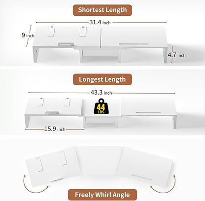 Dual Monitor Stand Riser - Computer Monitor Stand for 2 Monitors，Office Desktop Organizer，Adjustable Length and Angle 3 Shelf with Storage Drawer Phone Holder for Monitors and Laptops-White