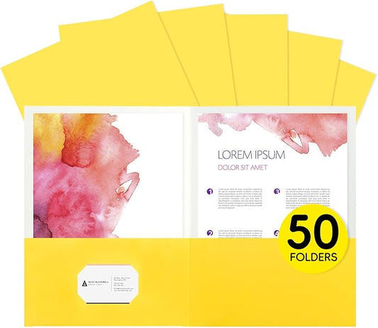 50Pcs Yollow with Pockets-2 Pocket Folders for Documents,Cute Paper Folders for Filing Cabinet,School,Office,Resume Portfolio