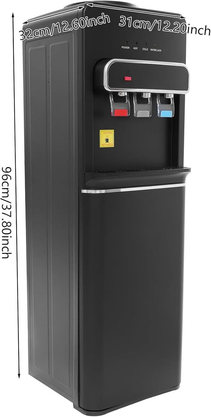 Bottom Loading Water Cooler for 5 Gallon Bottle, 110V Electric Water Dispenser with Hot, Room and Cold Spouts, Child Safety Lock, Work Indicator Lights, Floor Standing (Black)