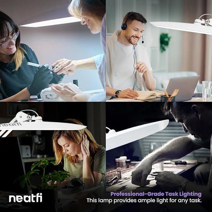 Neatfi XL LED Desk Lamp with Base, 2200 Lumens, 24W, 20-Inch Wide Head, Dimmable 4 Brightness Levels, Task Light for Home Office, Crafts, Workbench (Non-CCT, White)
