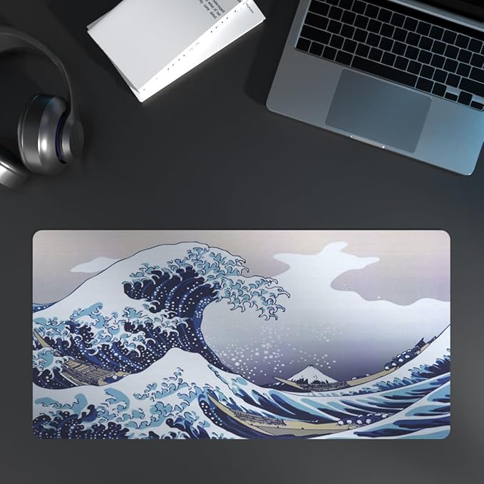 Large Japanese Sea Wave Mouse Pad, Blue Anime Desk Mat,Extended Non-Slip Keyboard Mouse Pad Kanagawa Office Desk Pad 23.6" x 11.8" Gaming Mouse Pad Desktop Protector for Office and Home