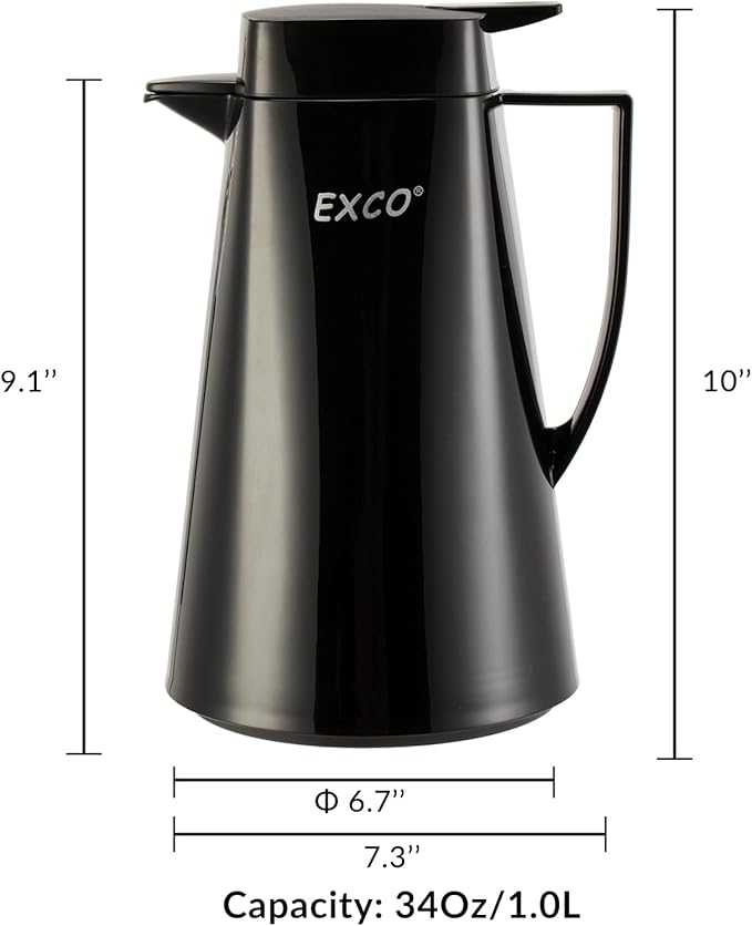 EXCO 1.0/1.6L 34/54Oz Thermal Coffee Carafe, Glass Lined Insulated for Keeping Hot, Vacuum Termos Coffee Tea Pot, Large Beverage Drink Container Dispensers, 12H Heat 24H Cold (Black, 34 Ounces)