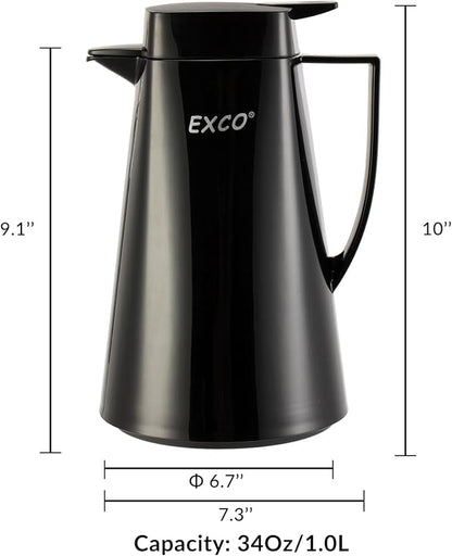EXCO 1.0/1.6L 34/54Oz Thermal Coffee Carafe, Glass Lined Insulated for Keeping Hot, Vacuum Termos Coffee Tea Pot, Large Beverage Drink Container Dispensers, 12H Heat 24H Cold (Black, 34 Ounces)