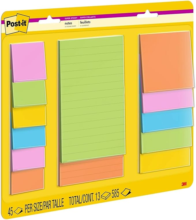 Post-it Super Sticky Notes, Assorted Sizes, 13 Pads, 2X The Sticking Power,Energy Boost Collection, Bright Colors (Orange, Pink, Blue, Green), Recyclable (4623-13SSAU)