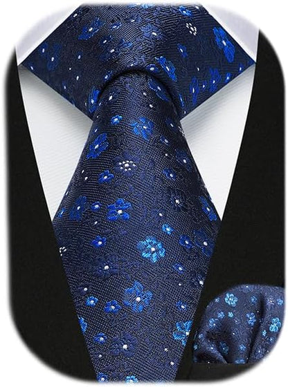 HISDERN Men Floral Ties Woven Classic 3.4" Necktie Set Formal Tie Pocket Square for Wedding with Handkerchief Gift Box