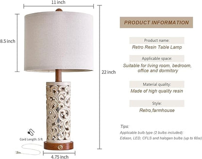 OYEARS 3-Way Dimmable 22'' USB A+C Touch Control Table Lamp Set of 2 with Nightlight for Living Room Bedroom Farmhouse Bedside Nightstand Lamps (Brown, Bulb Included)