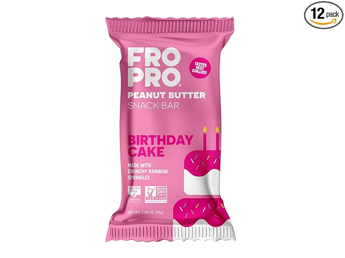 FROPRO Plant Protein Snack Bars - Plant Based Protein Bars, All-Natural, Gluten, Dairy, & Soy Free, High Protein Bars with Low Calories | Birthday Cake, 12 Pack