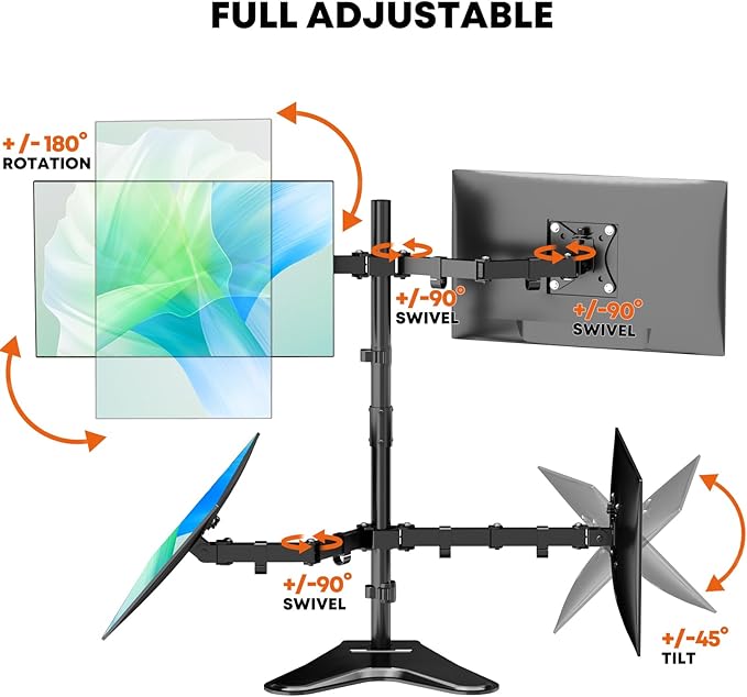 PUTORSEN Quad Monitor Stand, 4 Monitor Mount for 13 to 32 inch Screens, Holds up to 19.8lbs Each, Fully Adjustable, Black