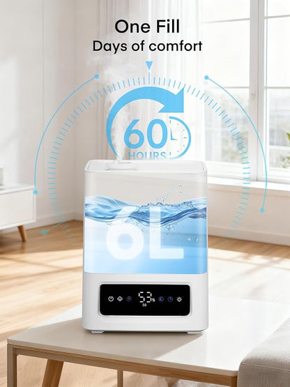 FOHERE 6L Humidifiers for Bedroom, 60H Cool Mist Humidifier for Large Room, 28dB Ultra-Quiet Runtime for Baby, Indoor, Plants, Smart Humidity Sensor, 16H Timer, Night Light, Oil Diffuser, White