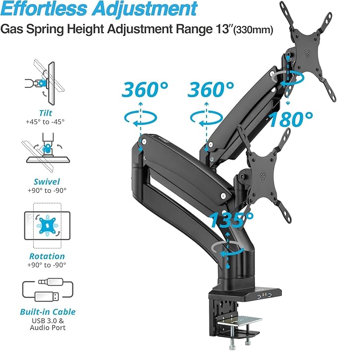 AVLT Dual 13"-43" Monitor Arm - Desk Mount for Two Flat/Curved Monitors - Full Motion Height Swivel Tilt Rotation Adjustable - Black/VESA/C-Clamp/Grommet/Cable Management