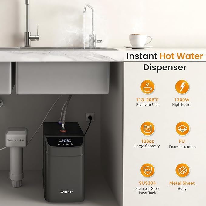 Instant Hot Water Dispenser 110V, Under-Sink Boiler with Hot Faucet, WiFi Smart Control, Digital Temp 113–208°F, Child Safety Lock, Energy Efficient, Quiet Operation, Ideal for Kitchen or Office