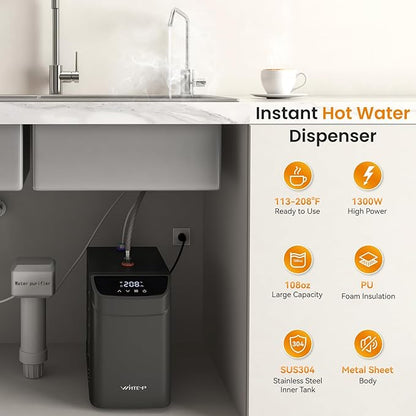 Instant Hot Water Dispenser 110V, Under-Sink Boiler with Hot Faucet, WiFi Smart Control, Digital Temp 113–208°F, Child Safety Lock, Energy Efficient, Quiet Operation, Ideal for Kitchen or Office