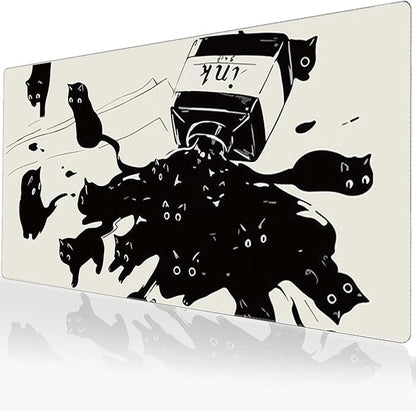 Gaming Mouse Pad XXL Extended Anime Mouse Pad 31.5x15.7inch, Large Cute Kawaii Big Computer Mouse Mat Desk Pad with Non-Slip Rubber Base and Stitched Edge for Home Office-Black Ink Cat