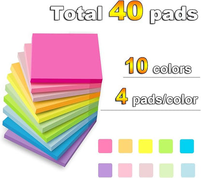 (40 Pads) Sticky Notes 3x3 in Post Bright Stickies Colorful Super Sticking Power Memo Pads, Strong Adhesive