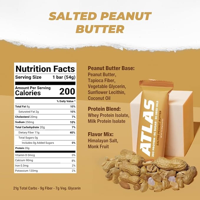Atlas Bar – 20g Protein, 1g Sugar, 0g Seed Oils, 0g Artificial Sweeteners (12 Count, Salted Peanut Butter)