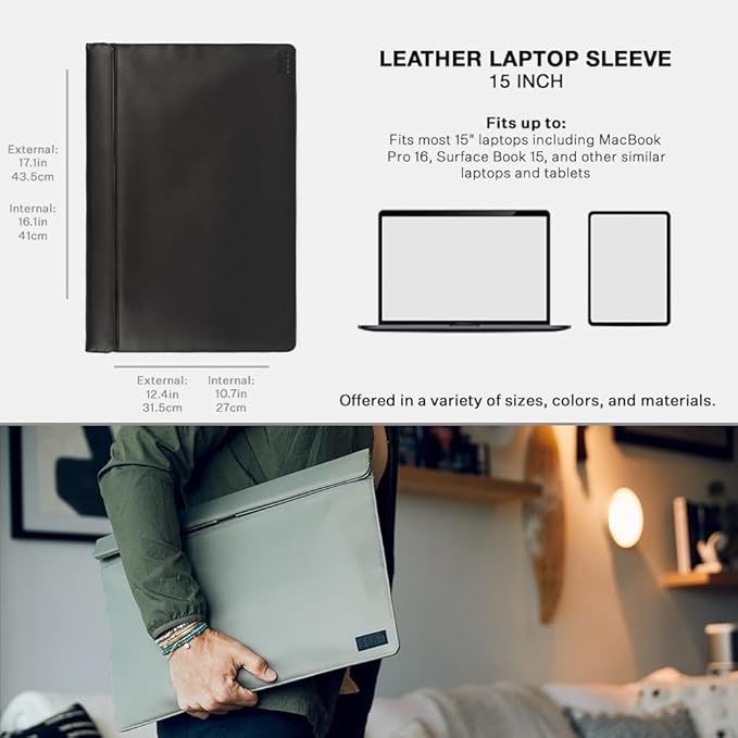 SLNT Faraday Bag with Silent Pocket Technology - Leather Signal Blocking Device Sleeve for 13 inch and 15 inch Laptops and Tablets, Provides Instant Protection (Black Leather, 15 inch)