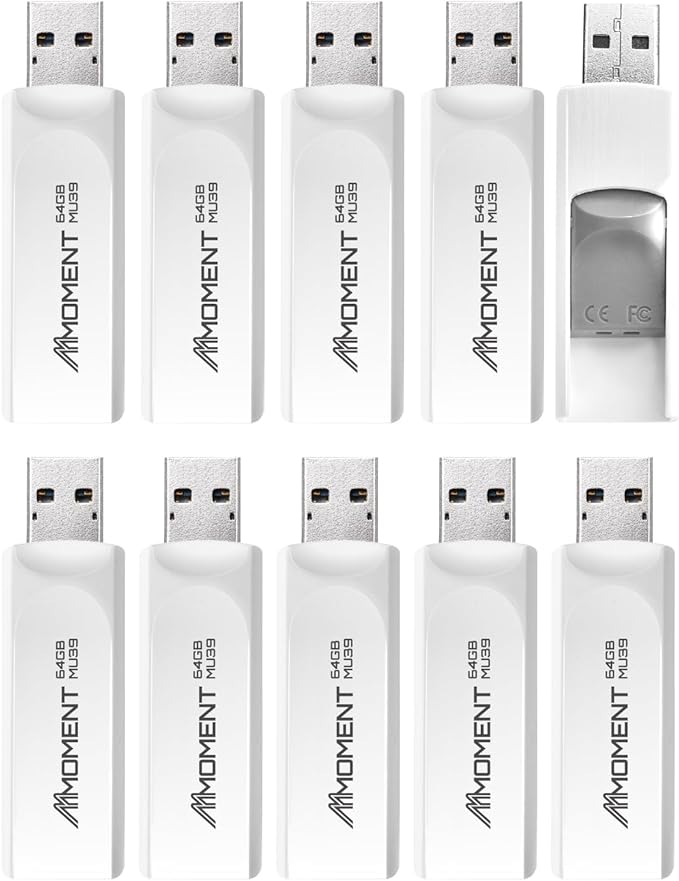 MMOMENT 64GB (10 Pack) MU39 USB Flash Drive– USB 3.2 Retractable Thumb Drive with Sliding Connector, Up to 100MB/s Read, 30MB/s Write – Plug & Play Memory Stick for PC, Mac, TV, Car
