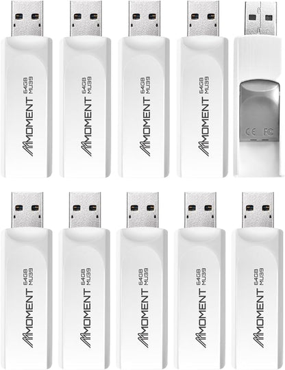 MMOMENT 64GB (10 Pack) MU39 USB Flash Drive– USB 3.2 Retractable Thumb Drive with Sliding Connector, Up to 100MB/s Read, 30MB/s Write – Plug & Play Memory Stick for PC, Mac, TV, Car