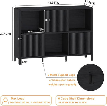 FATORRI 6 Cube Storage Organizer, Horizontal Bookcase with 3 Doors, Low Wood Bookshelf for Home Office, Bedroom, Living Room (Black)