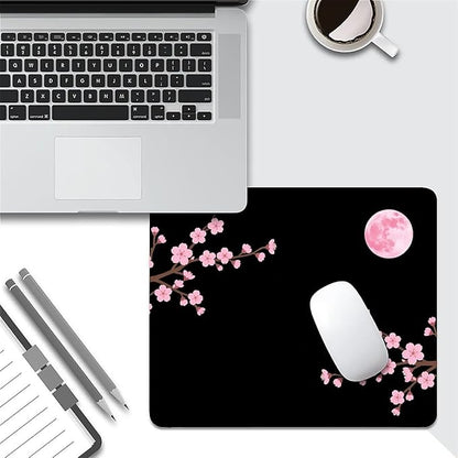 Square Mouse Pad Pink Cherry Blossoms Moon, Personalized Premium-Textured Custom Mouse Mat Design, Washable Mousepad Cloth, Non-Slip Rubber Base Computer Mouse Pads for Wireless Mouse