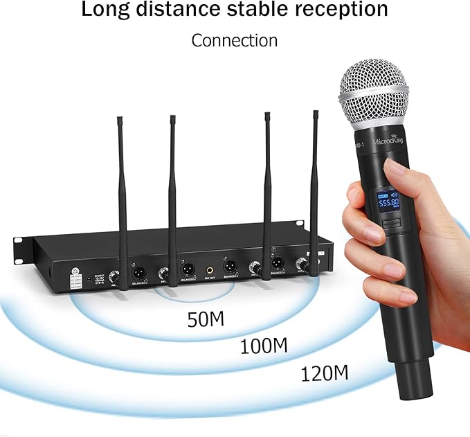 MicrocKing Wireless Microphone System, with 4 Handheld Mics, Metal Build, Fixed Frequency, Long Range 400ft, Ideal for Party/Wedding/Church/Conference/Speech