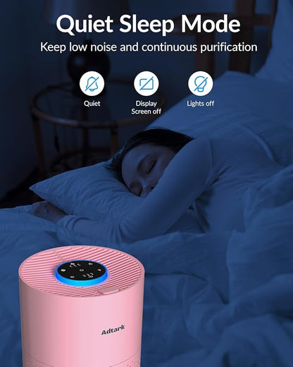 Air Purifiers for Home Bedroom, ADTARK Air Cleaner with H14 True HEPA 3-in-1 Filter, Sleep Mode & Aroma Function, 3 Light Modes, Room Air Purifier with 3 Timer for Office, Dorm, Hotel (Pink)