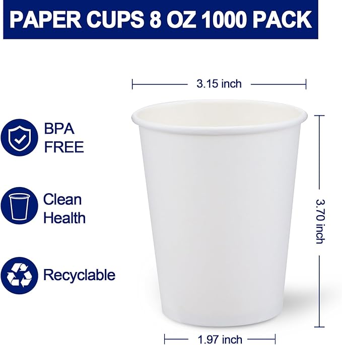 1000 Count Paper Cups 8 oz, Disposable Coffee Cups Bulk, Thickened Durable Drinking Cups for Hot or Cold Beverage, Home, Office, Party, Business, Events