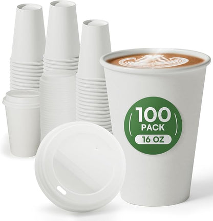 Disposable Coffee Cups with Lids 16 oz Paper Cups,100 Pack To Go Hot Cups with Lids, BPA Free Unbleached Thickened Leak Proof White Disposable Cups for Everyday Use Office Coffee Bar Supply Essentials