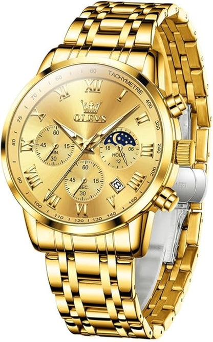 OLEVS Mens Stainless Steel Chronograph Watch, Big Face Roman Numerals Date Analog Quartz Dress Watches for Men, Fashion Multifunctional Waterproof Luminous Hands Men's Wristwatch