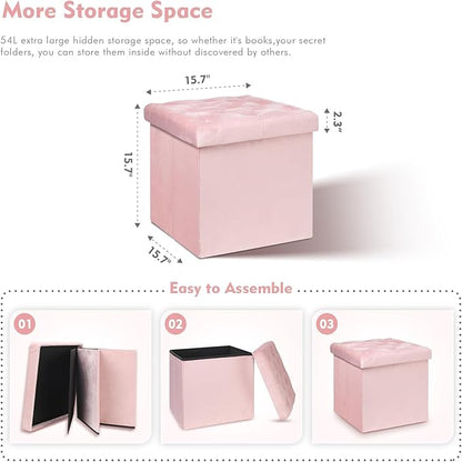 B FSOBEIIALEO Storage Ottoman Cube, Velvet Tufted Folding Ottomans with Lid, Footstool Rest Padded Seat for Bedroom (Pink, Medium)