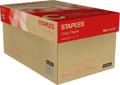 Staples Copy Paper, 11" x 17", 92 Brightness, 20 lbs., Ledger Size Paper (500 Sheets/Ream, 5 Reams/Carton)