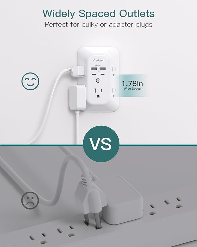 2 Pack Surge Protector Outlet Extender - Addtam 5-Outlet Splitter with 4 USB Wall Charger(2 USB-C Ports), Multi Plug Outlet Power Strip for Home, Dorm Room Essentials