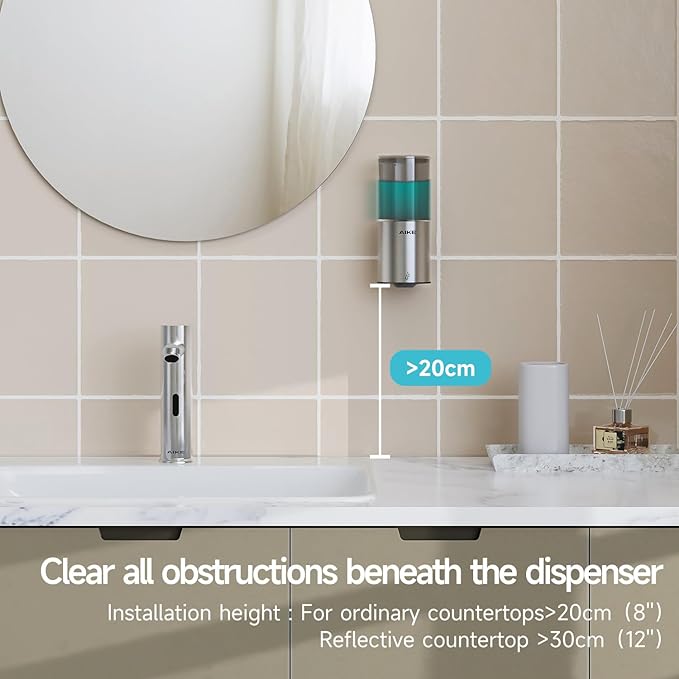 AIKE Automatic Soap Dispenser Wall Mounted for Kitchen and Bathroom, IPX7 Waterproof with Brushed Stainless Steel Finish 13.5fl.oz. for Liquid Soap