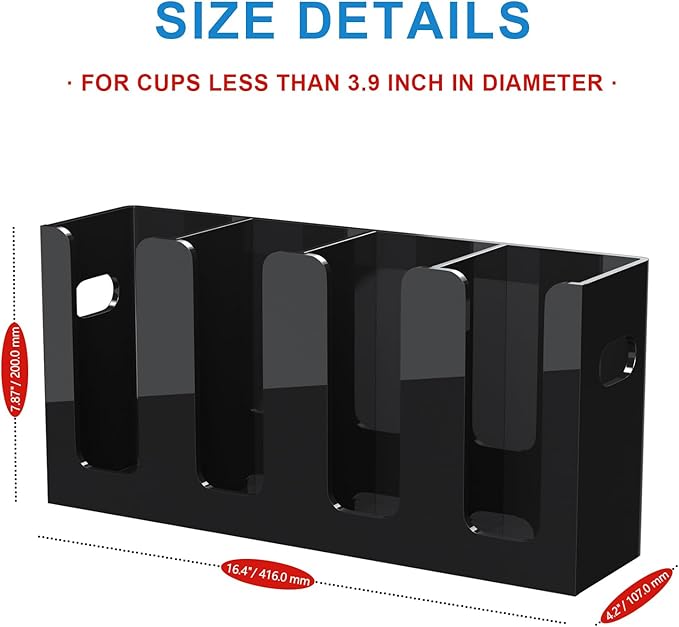 WINFFOR Disposable Cup Organizer Dispenser - 4 Compartments Black Acrylic Cup and Lid Holder with Handles Plastic Cup Dispenser Countertop Paper Cup Holder for Coffee Bar House Party Essentials