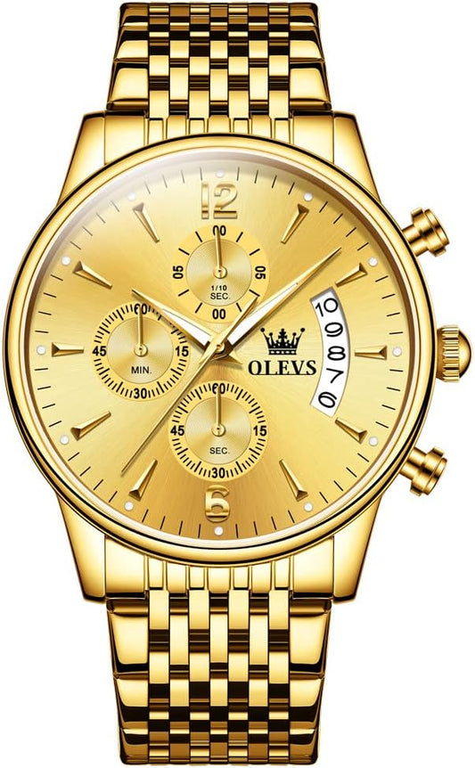 OLEVS Men's Stainless Steel Chronograph Watch, Big Face Gold Silver Black Tone Easy to Read Analog Quartz Watch, Luxury Waterproof Date Diamond Roman Arabic Numerals Dial Dress Watch for Men