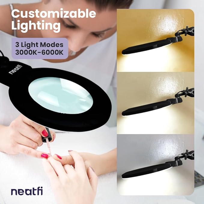 Neatfi XL Bifocal LED Magnifying Lamp – 7” Acrylic Lens, 5D/20D Magnification, 1,600 Lumens, Dimmable with 3 Light Modes, Adjustable Arm & Clamp, Lamp for Reading, Crafting (Black, CCT with Clamp)