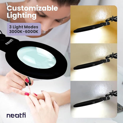Neatfi XL Bifocal LED Magnifying Lamp – 7” Acrylic Lens, 5D/20D Magnification, 1,600 Lumens, Dimmable with 3 Light Modes, Adjustable Arm & Clamp, Lamp for Reading, Crafting (Black, CCT with Clamp)