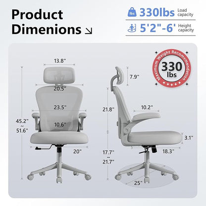 Computer Desk Chair, Ergonomic Office Chair M903 with Wheels, High Back Mesh Office Chair with Adjustable Lumbar Support, Headrest, Flip-Up Armrests, All-Grey
