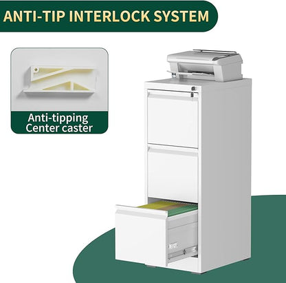 3 Drawer File Cabinet with Lock, Steel Vertical Filing Storage Cabinet for Home Office, Heavy-Duty File Cabinets for Letters/Legal/A4 (Require Assembly, White)