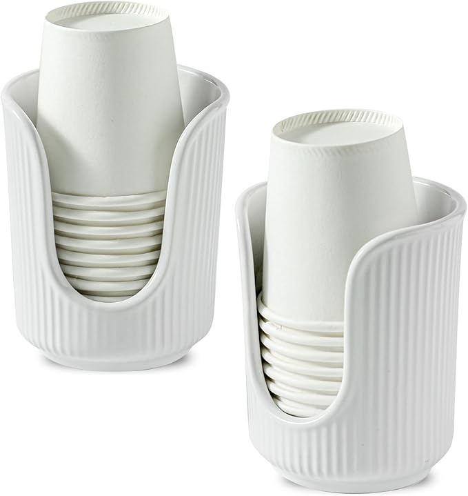 Ceramic Bathroom Cup Dispenser with Stylish Vertical Stripes - Disposable Mouthwash Cup Holder Holds 3-4oz Paper Cups for Rinsing Cups on Bathroom Vanity Countertops (White-White-2 Pack)